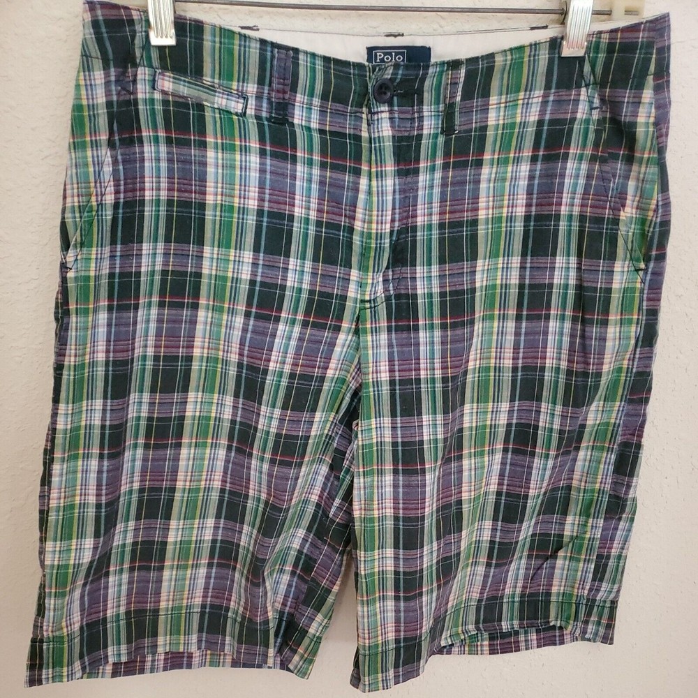 Polo Ralph Lauren Boys Plaid Shorts Blue Green White Yellow Flat Front Size 16